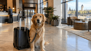 Dog resting beside a bed at a dog-friendly Spokane hotel