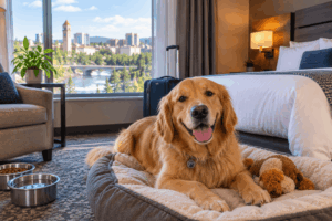 Owner checking in with a dog at a dog-friendly Spokane hotel