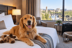 Golden retriever arriving at a dog-friendly hotel in Spokane